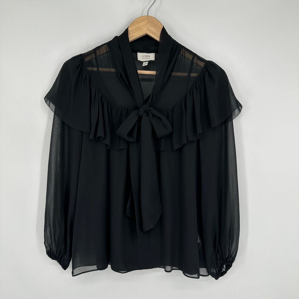 J. Crew 100% Silk Tie-Neck Chiffon Top Ruffle Semi-Sheer Long Sleeve Blouse